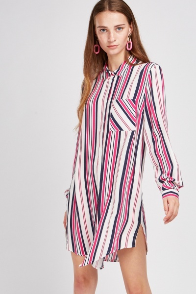 Vertical Stripe Long Line Shirt Dress - Just $7