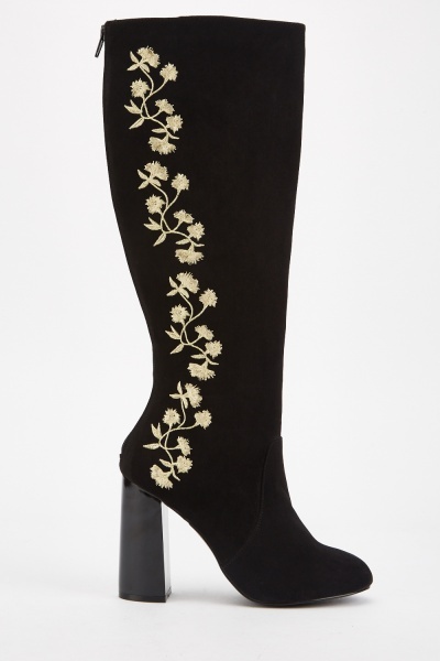 embroidered knee high boots