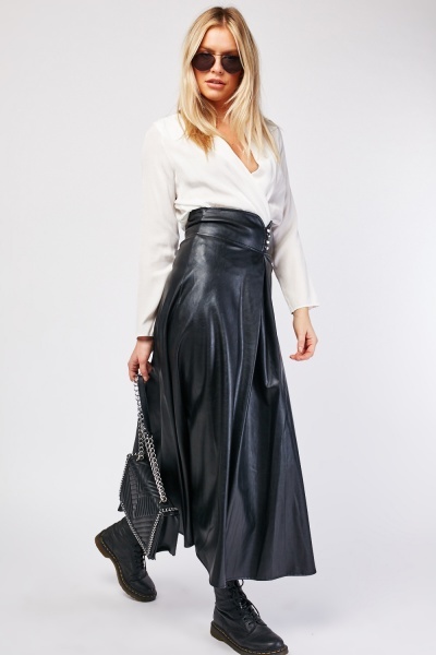 Button Front Faux Leather Maxi Skirt - Just $7