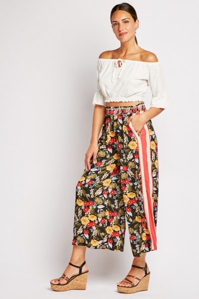 Floral Stripe Side Culottes - Black/Multi - Just $6