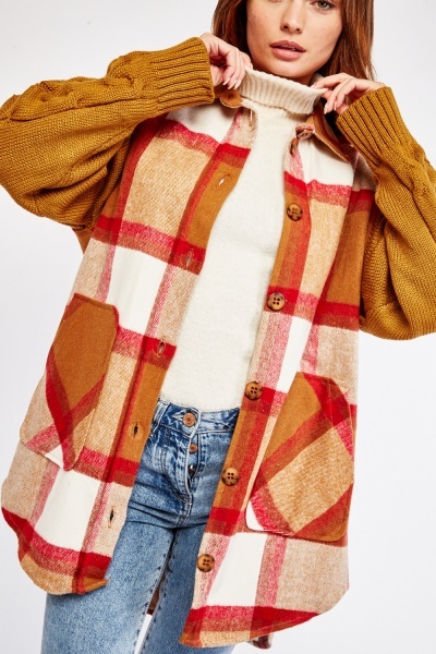 Cable Knit Sleeve Plaid Shacket - Just $6
