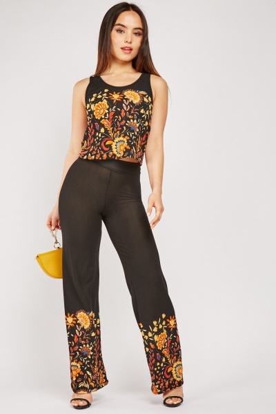 Flower Printed Top And Trousers Set - Black/Multi - Just $7