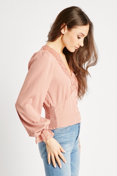 Lace Insert Low Neck Blouse Blush Just 7 