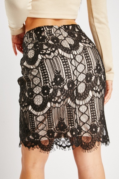 Lace Overlay Mini Skirt - Black/Cream - Just $3