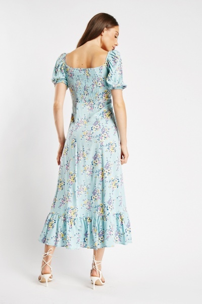Puff Sleeve Printed Dress - Blue/Multi - Just $7