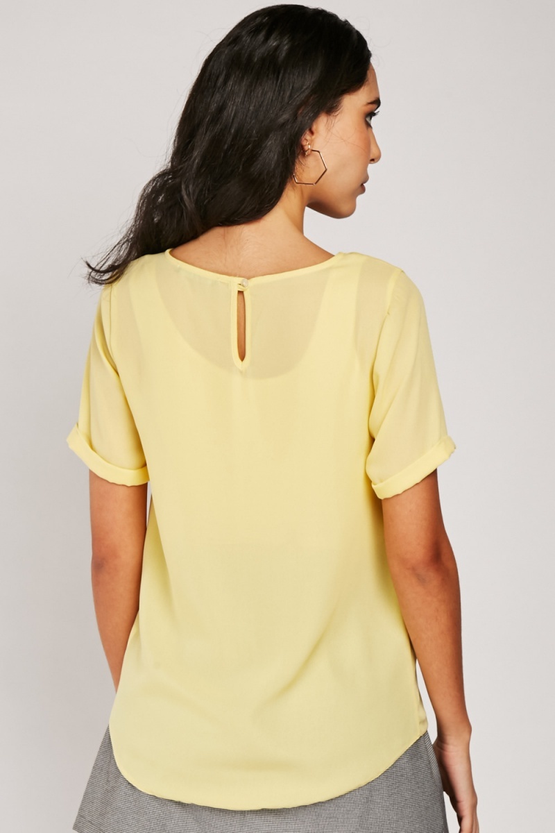 Short Sleeve Sheer Chiffon Top - Yellow - Just $7