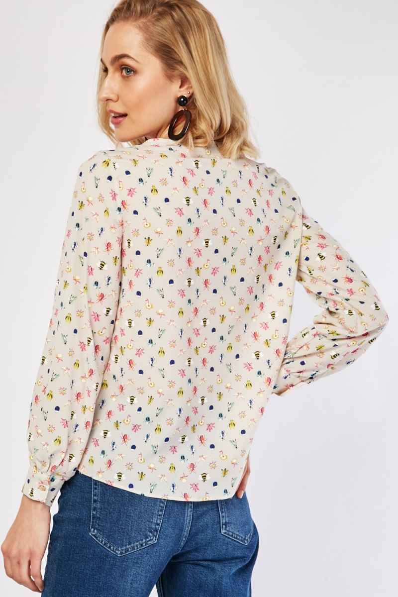 Insect Print Ruffle Neck Blouse - Just $7