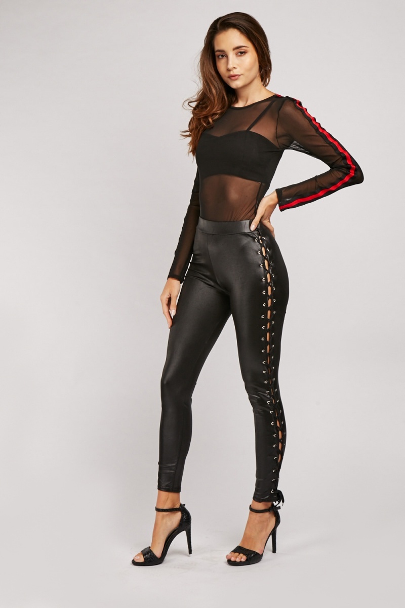 Download Lace Up Side Shiny Black Leggings - Just $6
