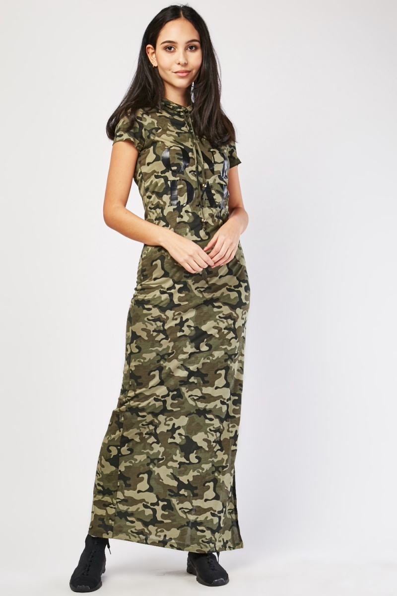 Camouflage Printed Hooded Maxi Dress - Just $7