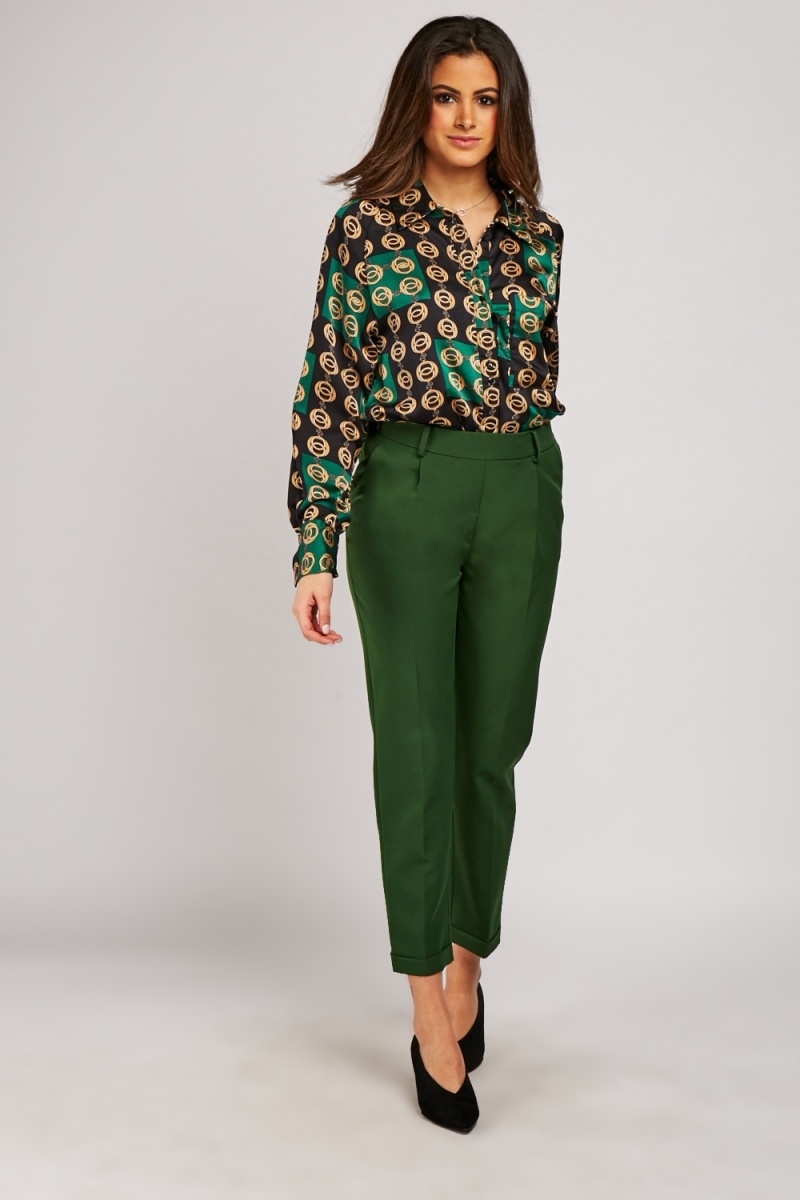 Green Rolled Hem Tapered Trousers - Just $7