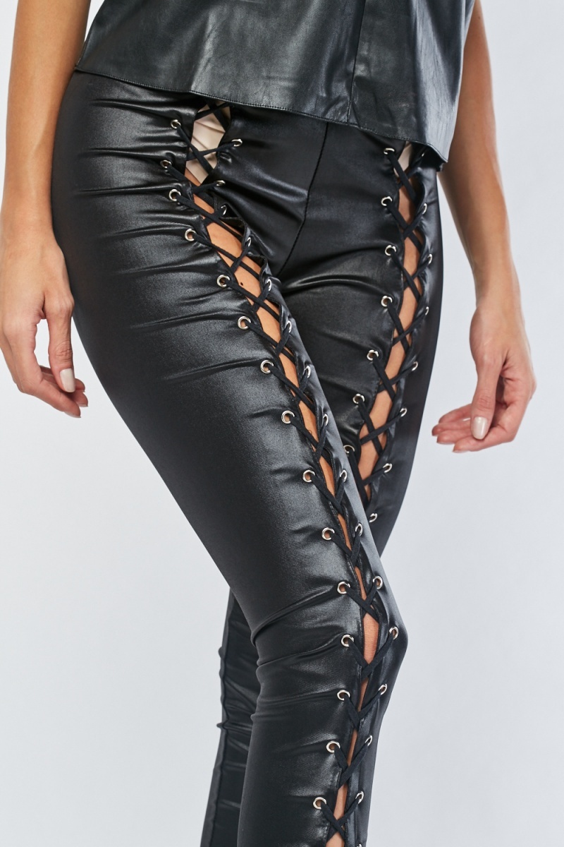 Criss Cross Lace Up Faux Leather Leggings - Just $6