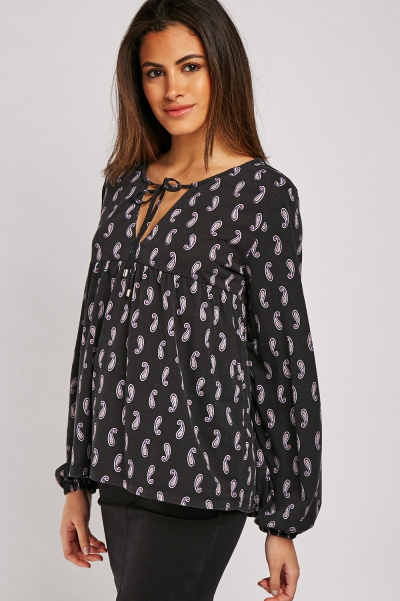 Paisley Print Tie Up Blouse - Just $3