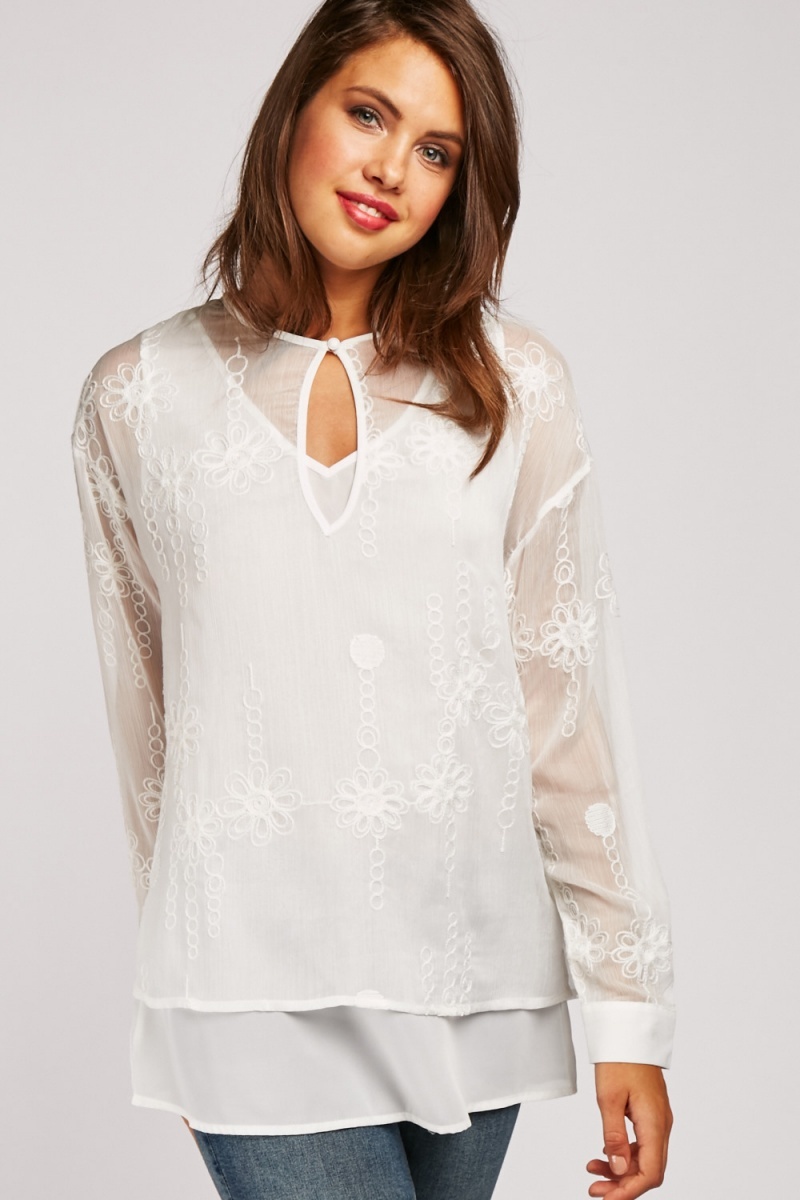 Embroidered Sheer Chiffon Blouse - White - Just $7