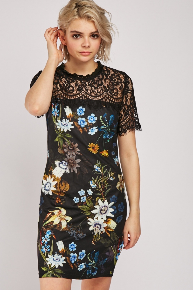 Elegant Floral Lace Printed Dress Fashion Trendy Shop