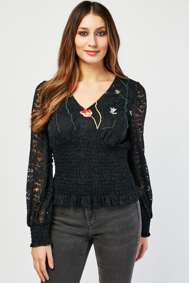 Shirred Waist Panel Embroidered Lace Top - Just $7