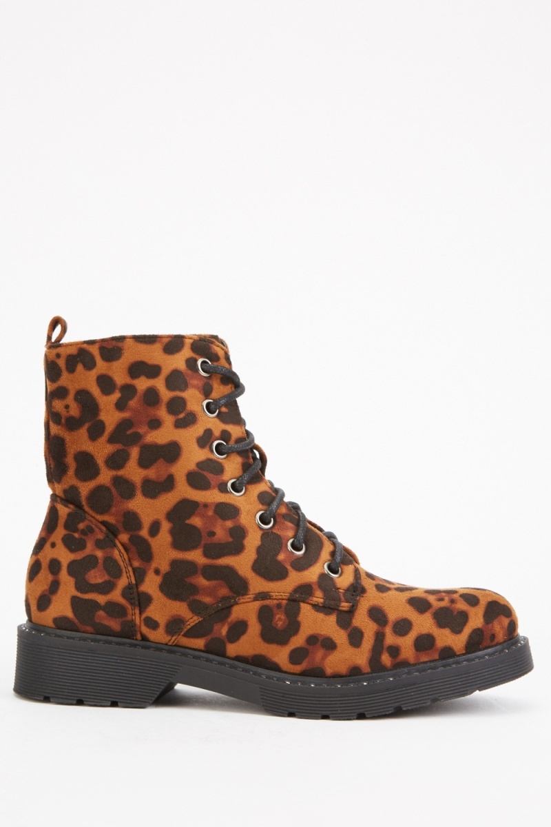 Animal Print Lace Up Ankle Boots - Leopard - Just $6