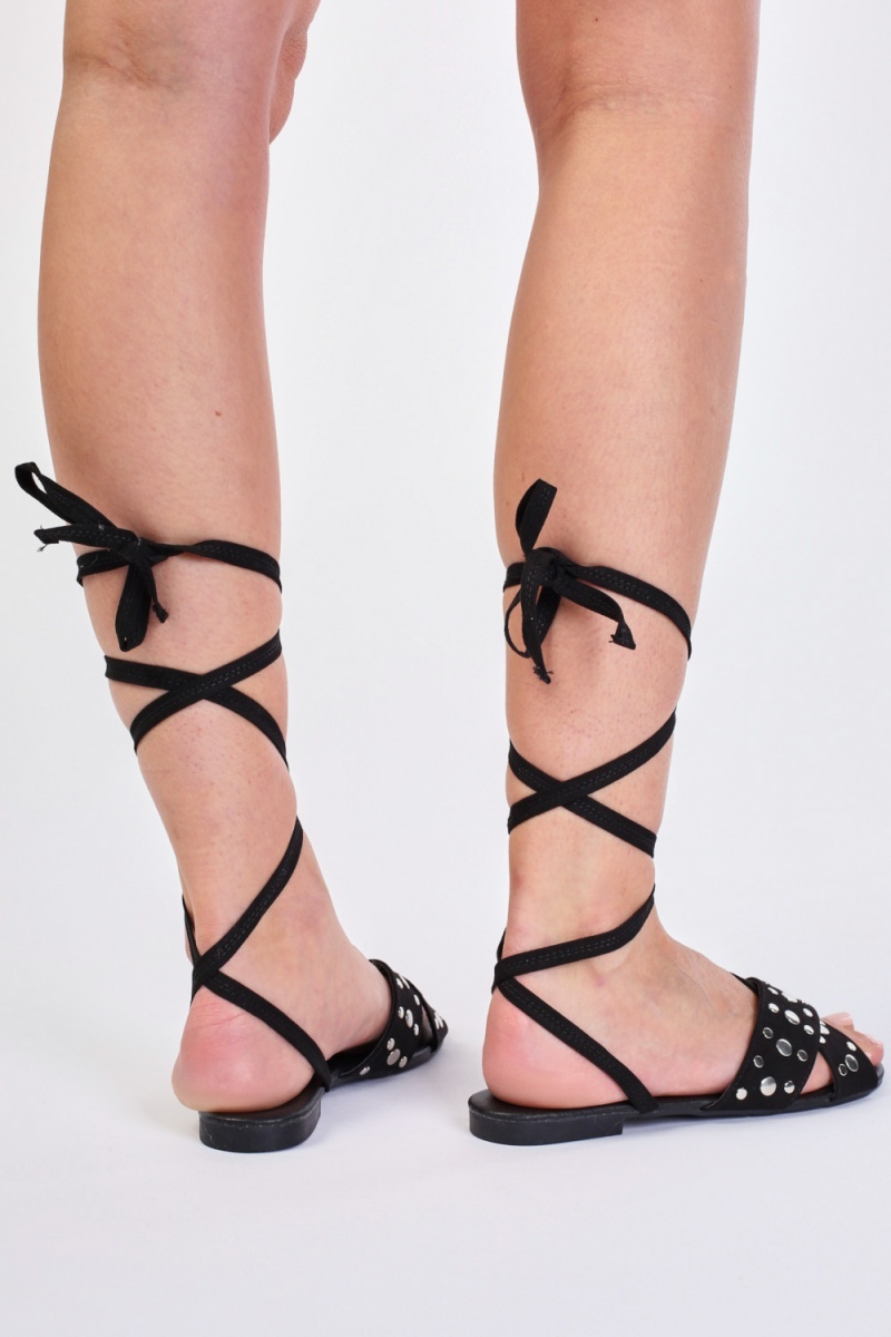 Studded Cross-Strap Sandals - Black - Just $6