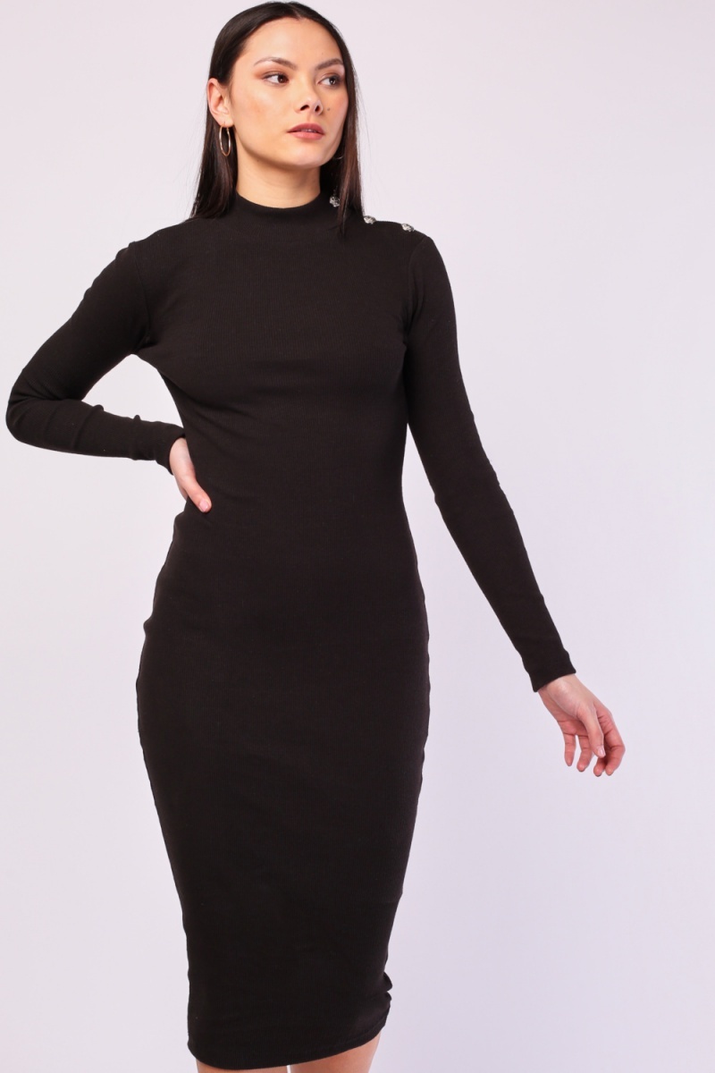 Funnel Neck Midi Ribbed Dress - Just $7