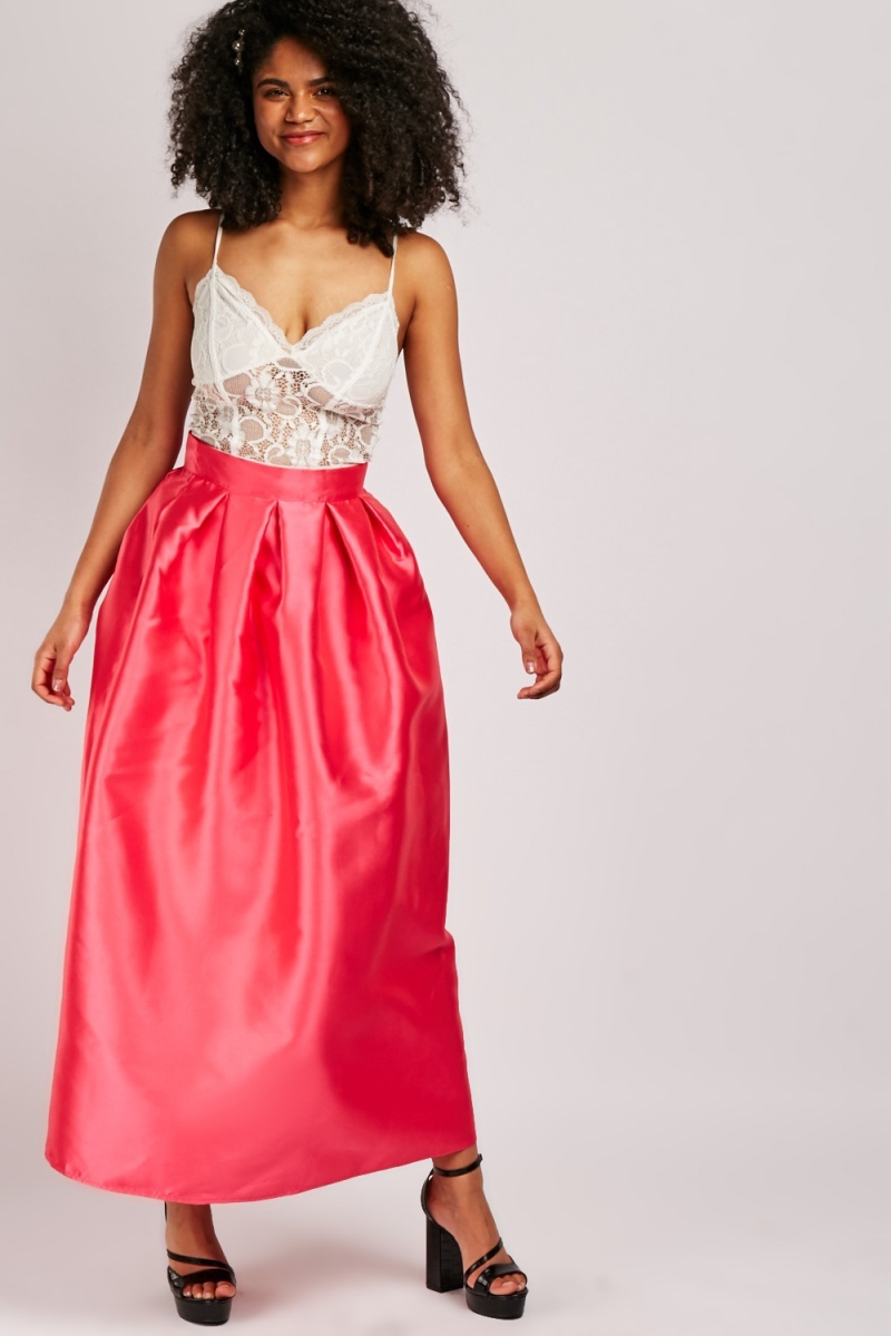Box Pleated Maxi Sateen Skirt - Hot Pink - Just $7