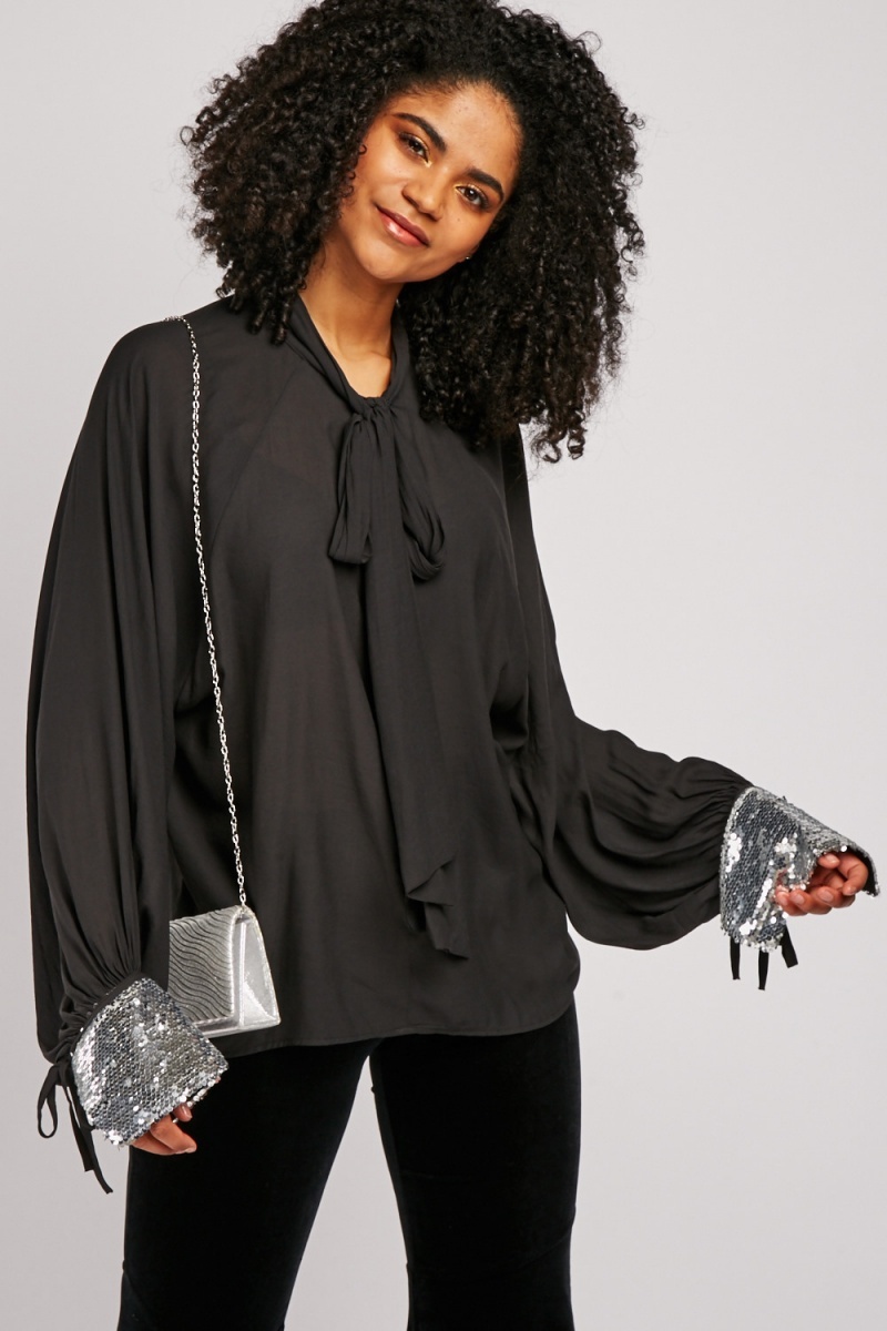 Sequin Sleeve Cuff Chiffon Blouse - Black/Silver - Just $6