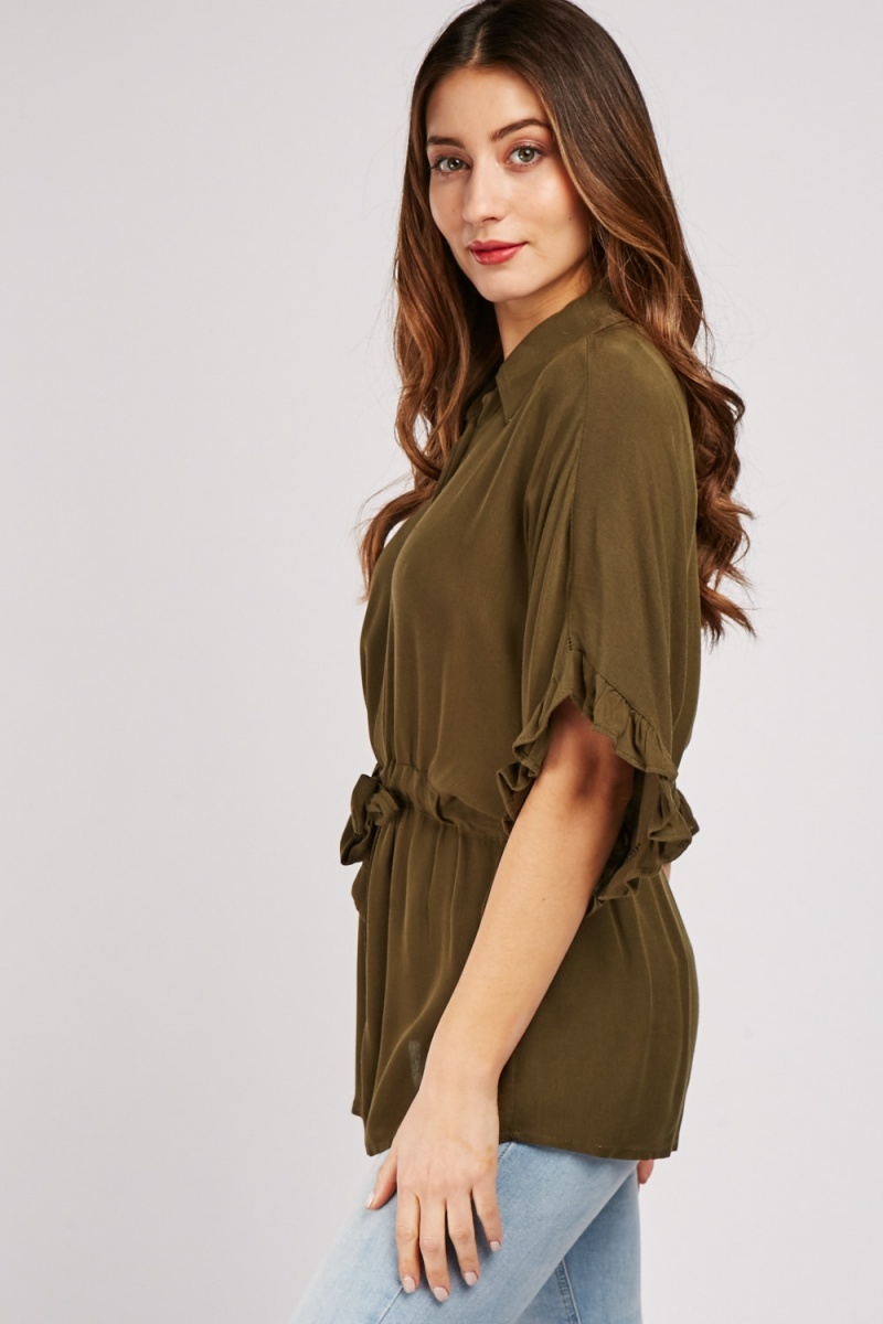 Frilly Sleeve Drawstring Blouse - Just $7