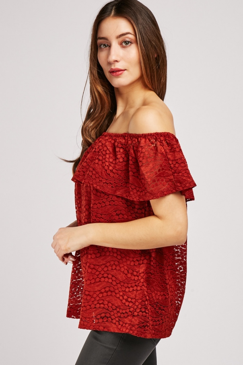 Ruffle Off Shoulder Lace Top - Rust - Just $7