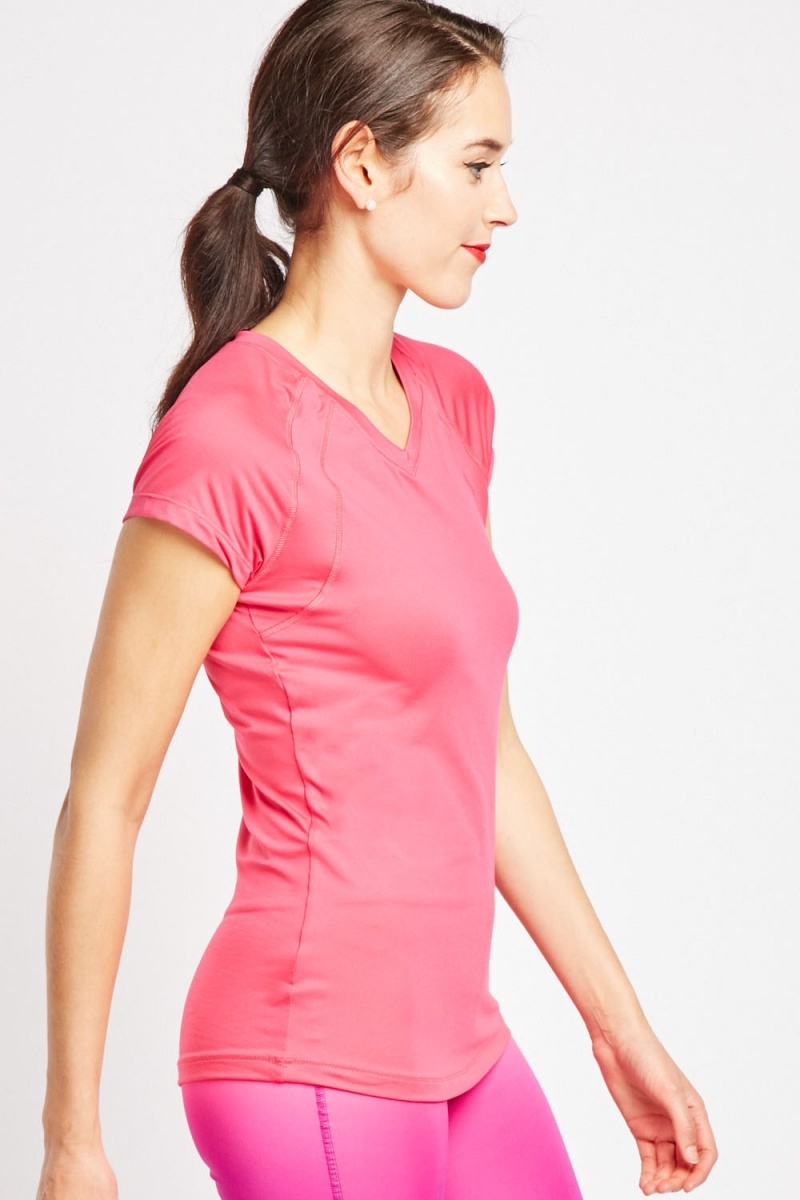 V-Neck Short Sleeve Sports Top - Hot Pink - Just $6