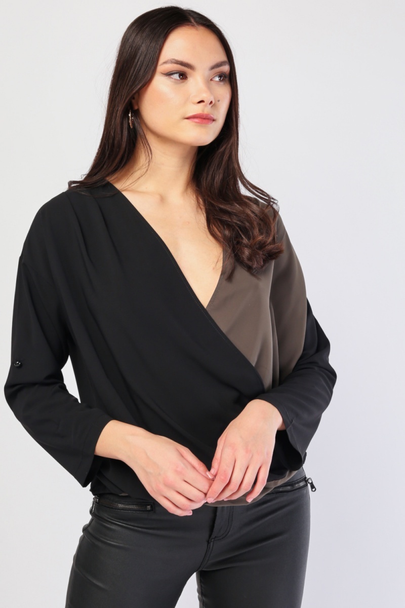 Two-Tone Low Plunge Blouse - Just $7