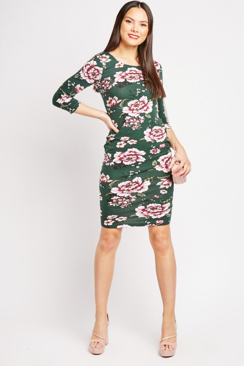Flower Print Bodycon Dress - Green/Multi - Just $6