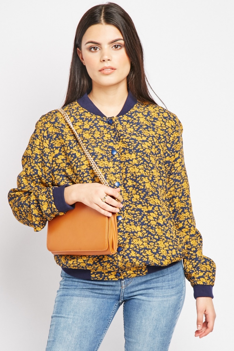 Download Light Weight Floral Bomber Jacket - Mustard/Navy - Just $6