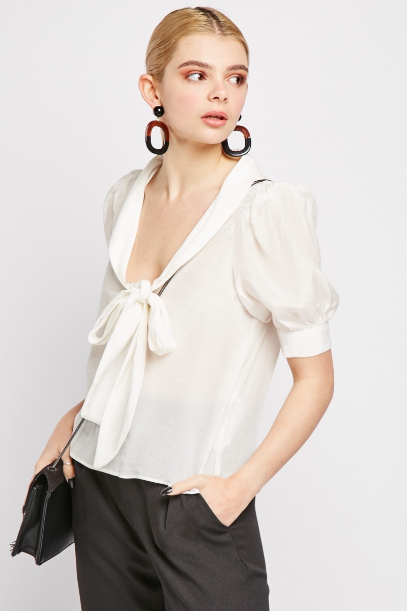 Silky Off White Tie Up Blouse - Just $7