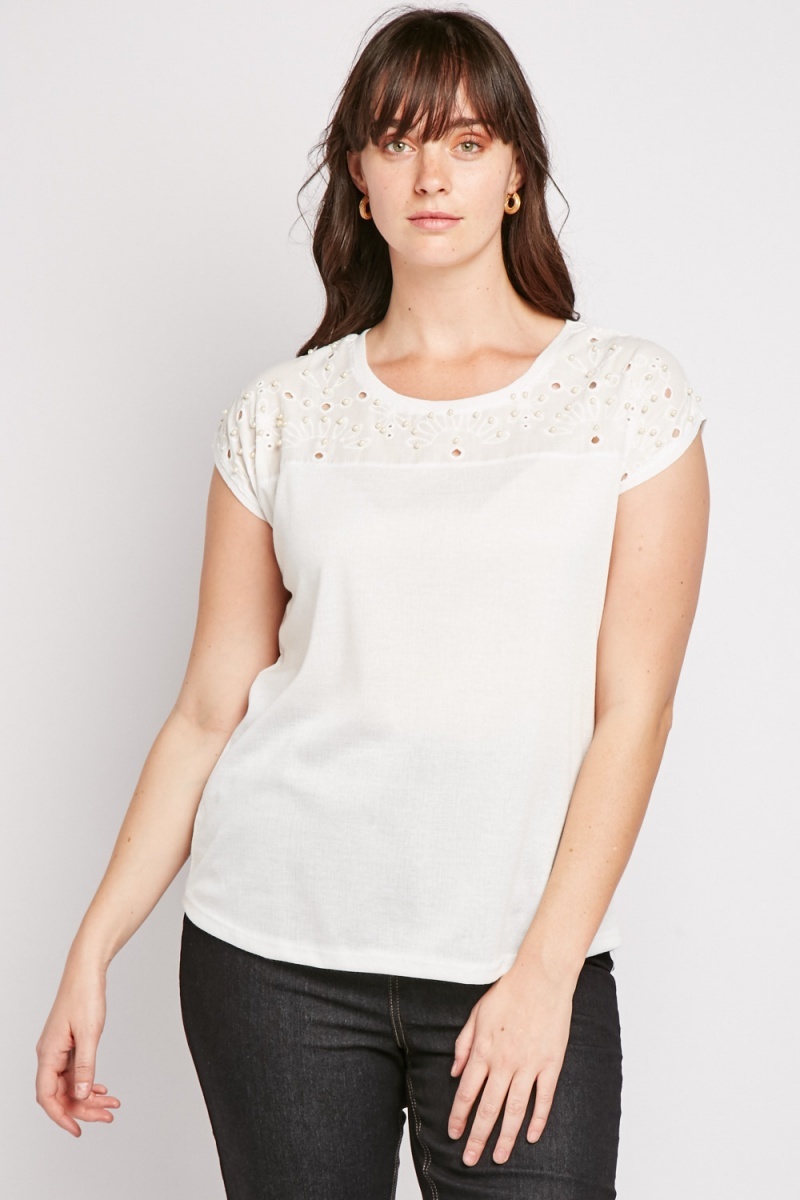 Crochet Embellished White Top - Just $7