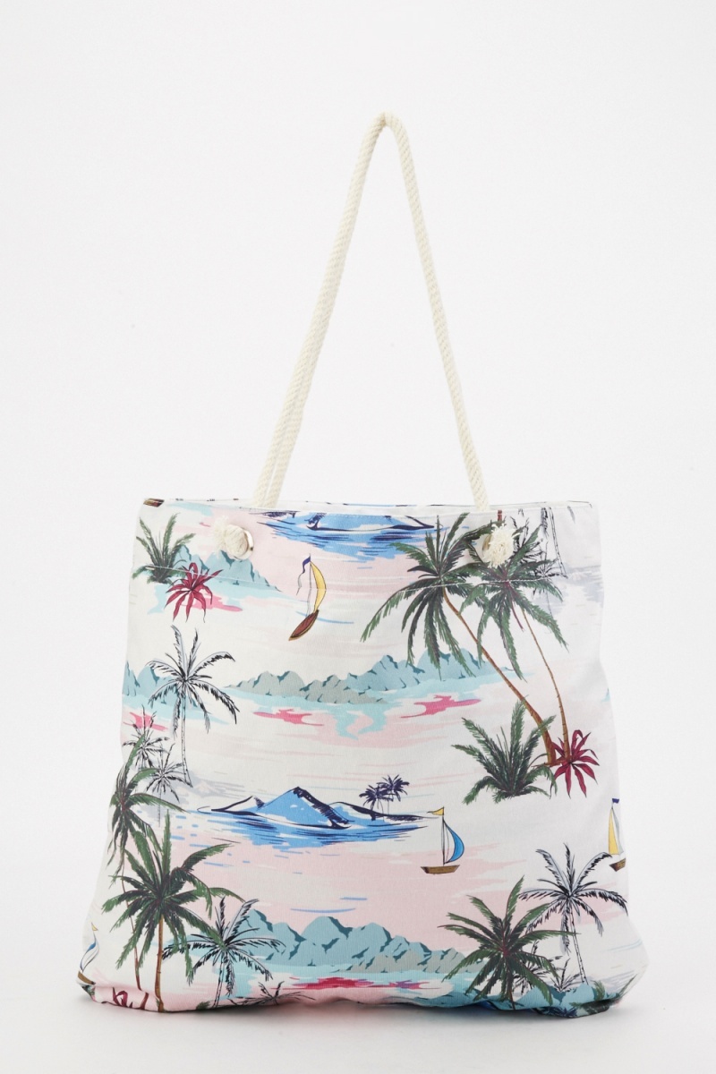 Mixed Palm Tree Beach Bag - Off White/Multi - Just $6