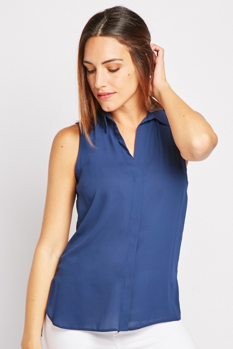 Chiffon Sleeveless Shirt - Dark Blue - Just $6