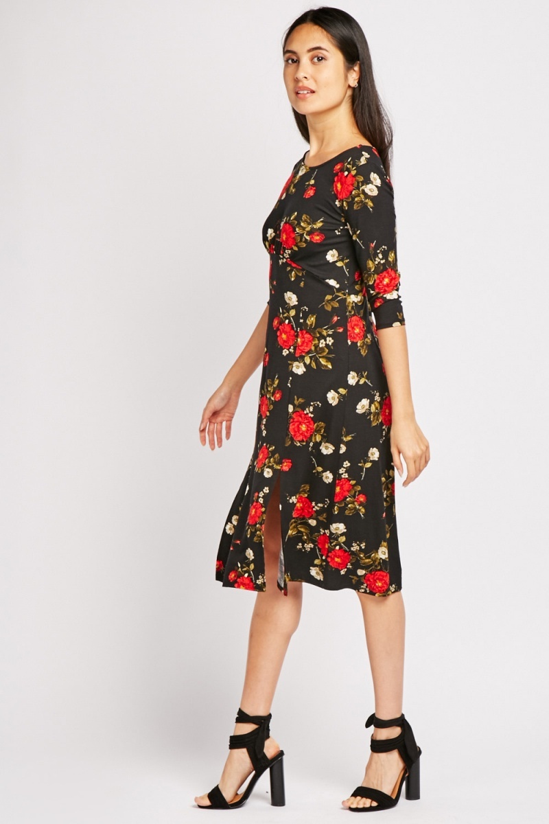 Floral 3/4 Length Sleeve Midi Dress - Just $7