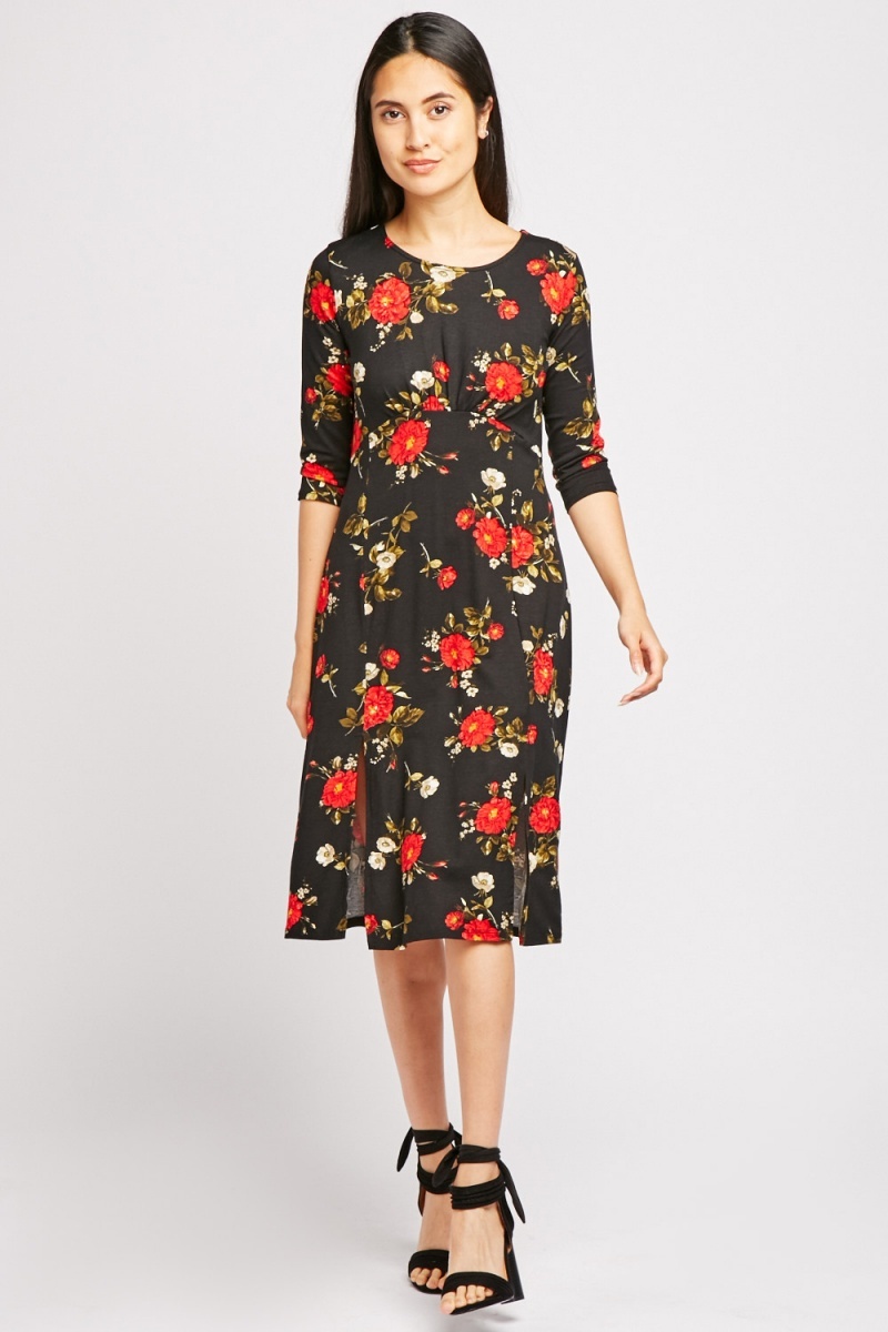 Floral 3/4 Length Sleeve Midi Dress - Just $7