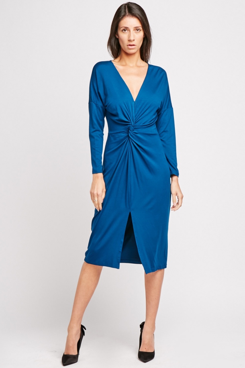 Knot Front Long Sleeve Midi Dress - Just $6