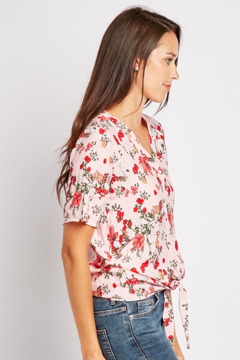Tie Up Front Floral Blouse - Pink/Multi - Just $6