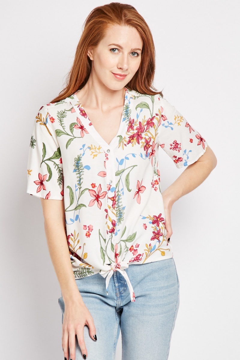 Tie Up Front Floral Blouse - White/Multi - Just $7