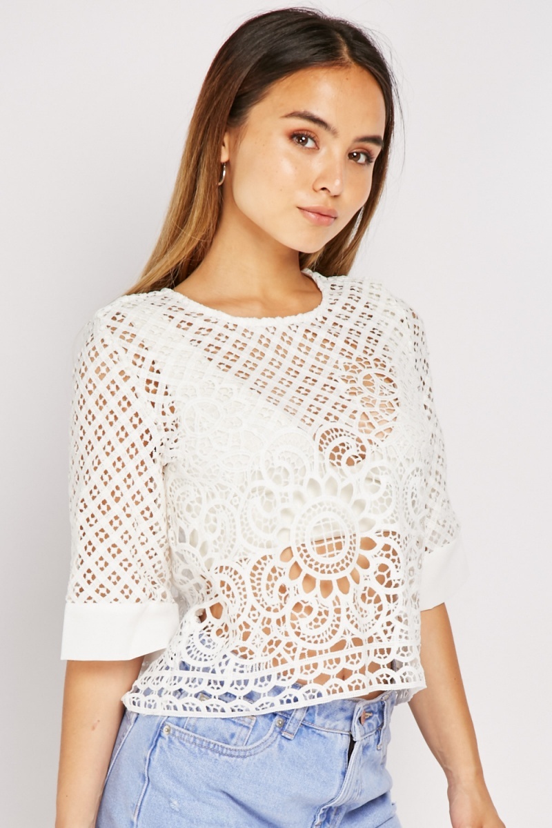 Perforated Crochet Flared Sleeve Top - Just $7