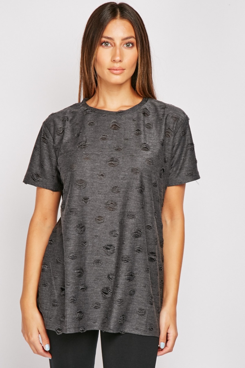 Distressed Short Sleeve Top - Charcoal or Black - Just $7