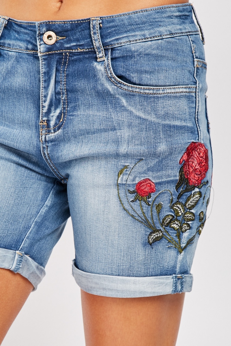 Flower Embroidered Denim Shorts Just 7