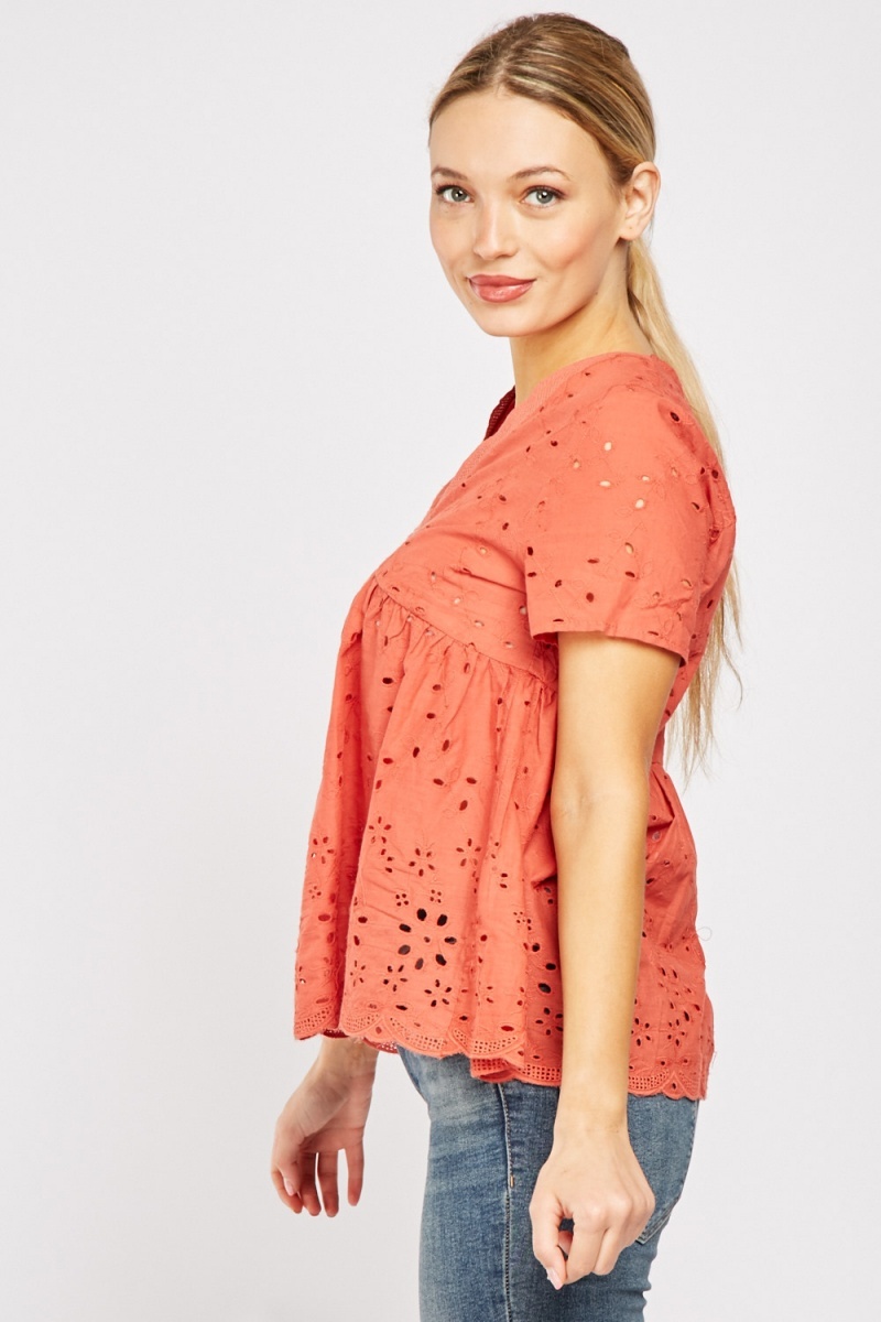 Broderie Anglaise Cotton Rust Top - Just $7