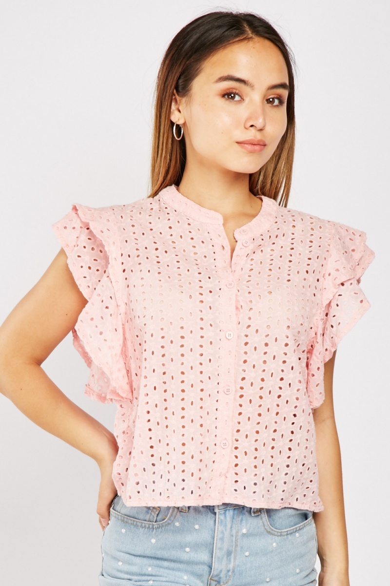 Ruffle Sleeve Anglaise Broderie Top - Just $7