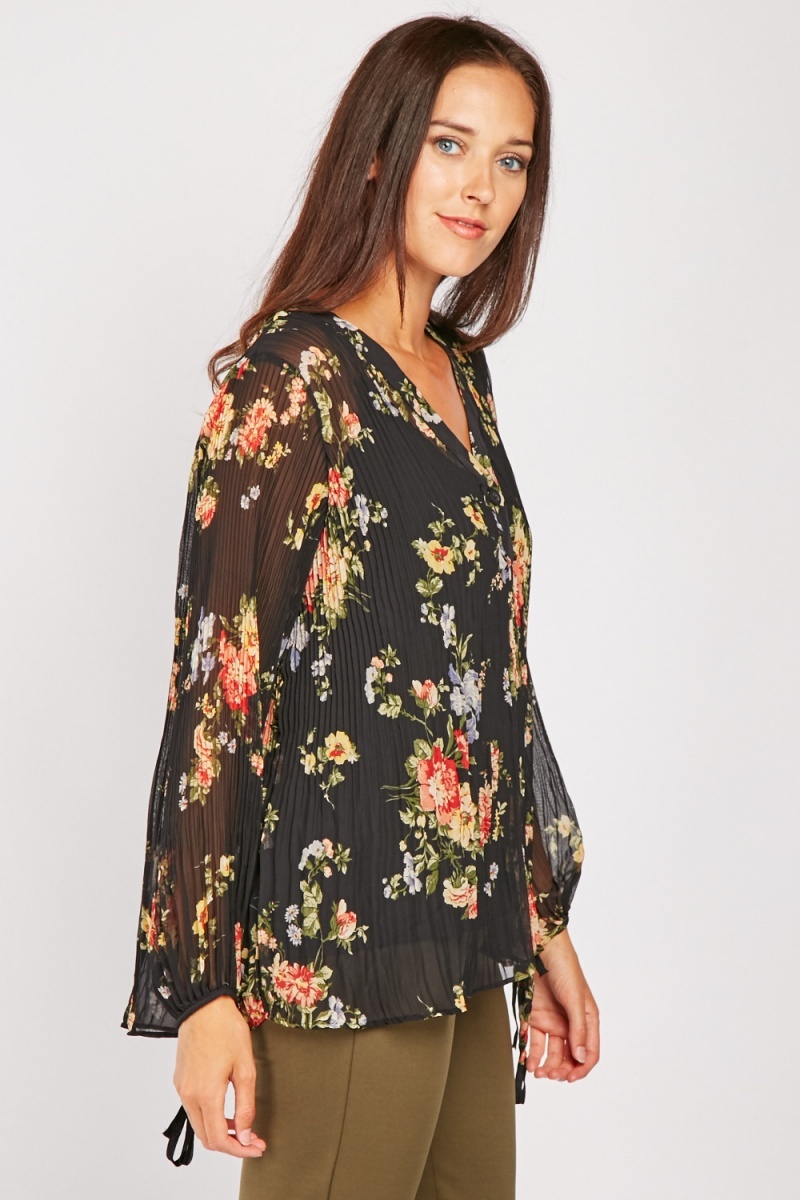 Floral Chiffon Plisse Blouse - Just $6