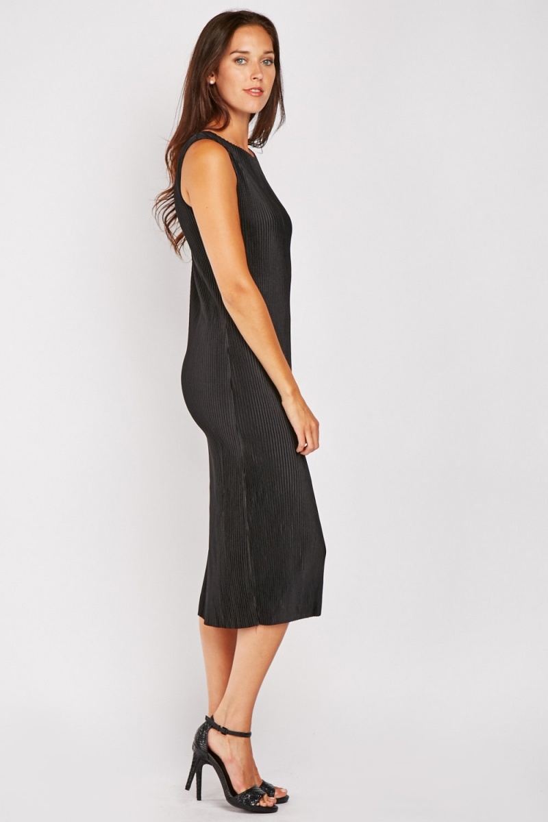 Sleeveless Midi Plisse Dress - Black - Just $7