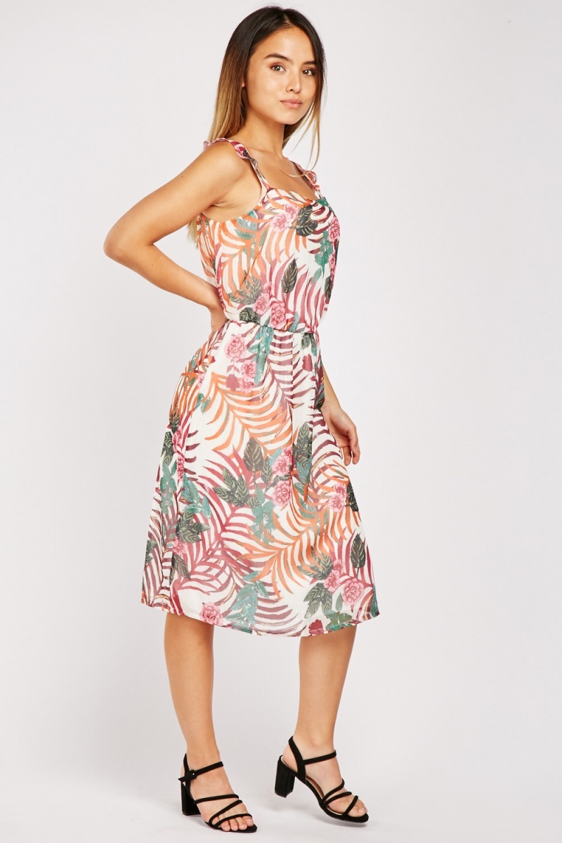 Tropical Print Midi Dress - Black/Multi - Just $7