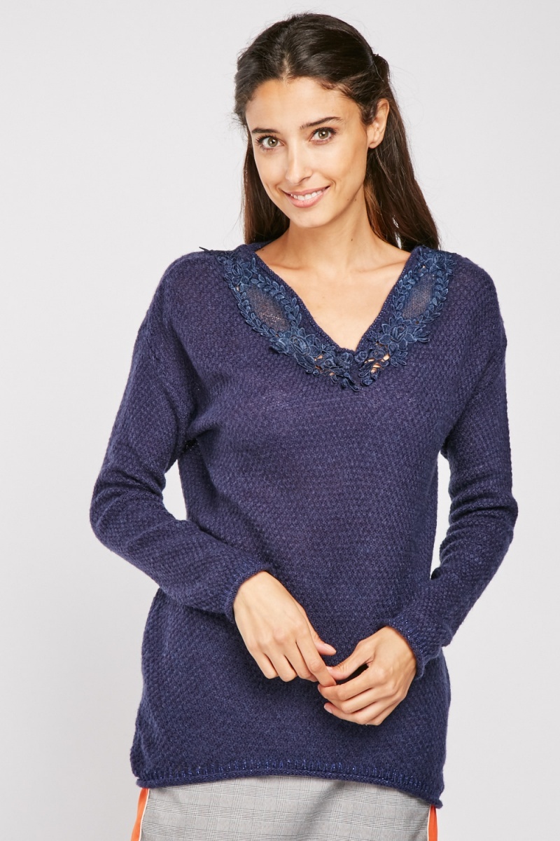 Crochet Neck Knit Jumper Fuchsia or Navy Just 6