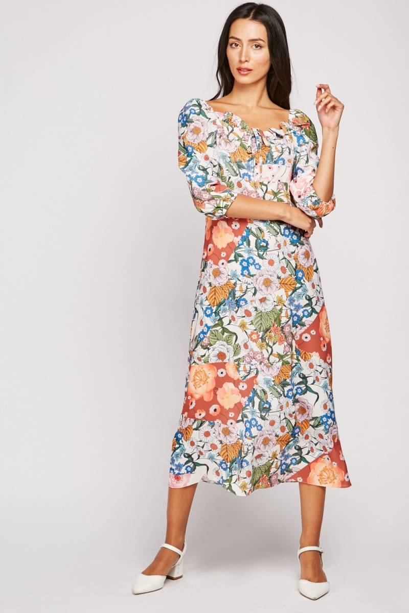 Floral Print Midi Prairie Dress - Just $7