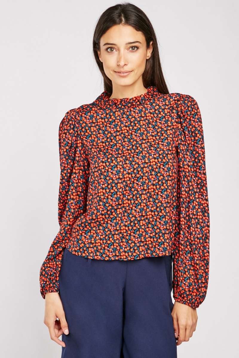 All Over Floral Print Blouse - Black/Multi - Just $7